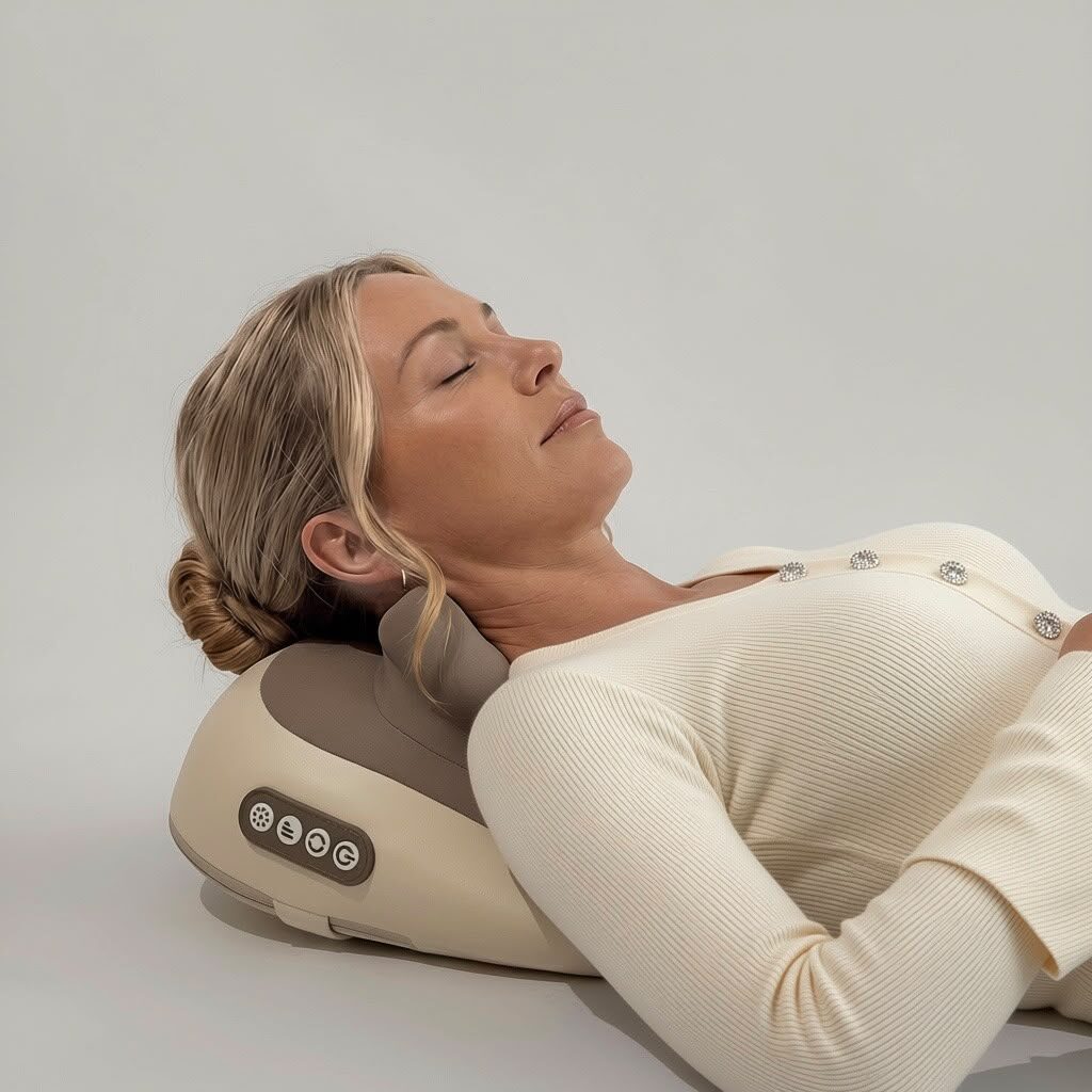 Woman relaxing on the Meltesse Neck Relief Pillow